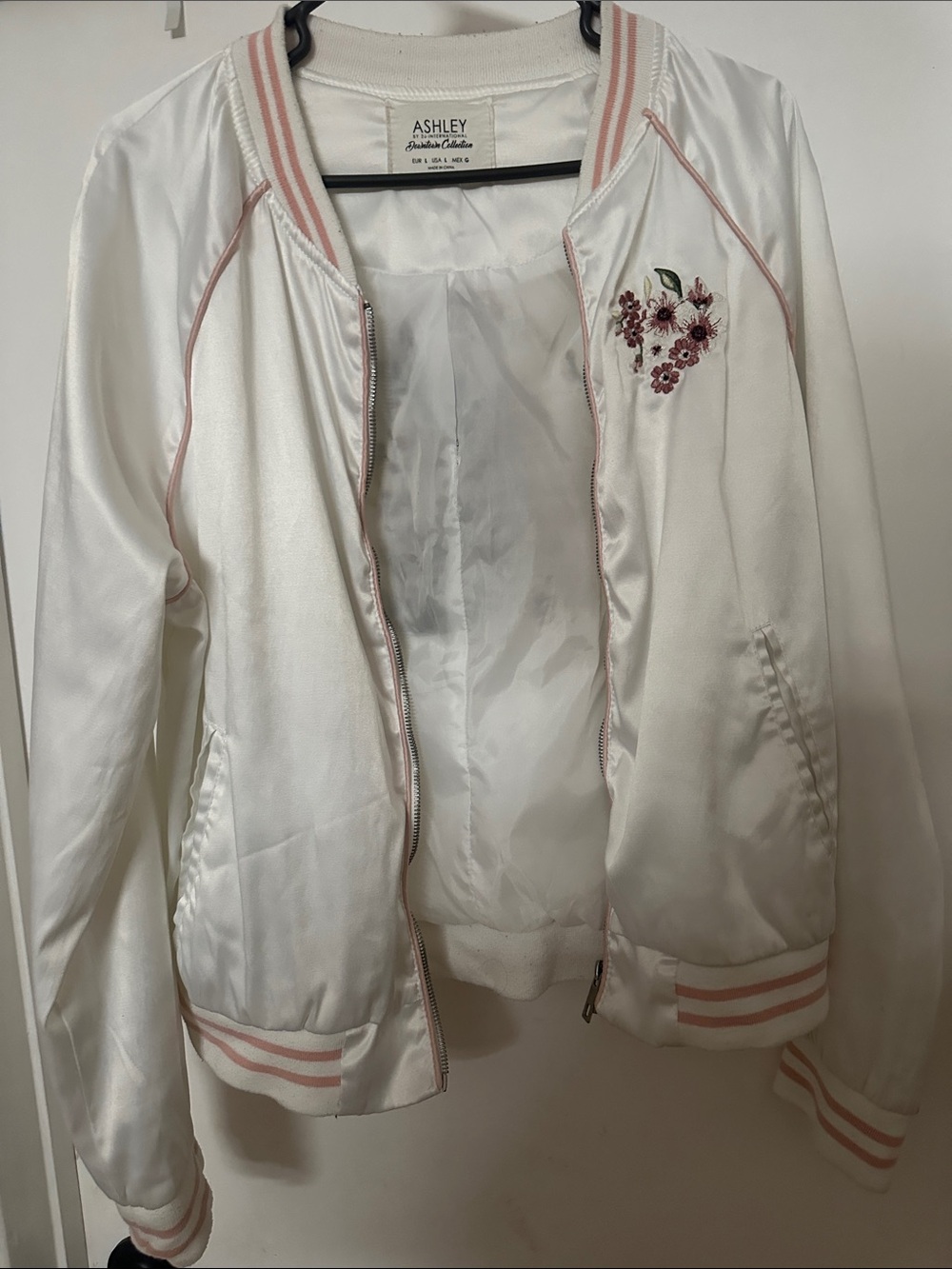 Ashley By 26 International Women's Cream Satin Bomber Jacket with Pink Accents